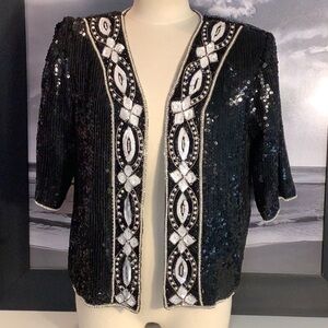 Jewel Queen Vintage Silk Black White Sequin Pearl Embellish Dressy Jacket Sz M